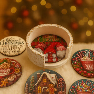 ΣΕΤ 6 ΧΡΙΣΤΟΥΓΕΝΝΙΑΤΙΚΑ ΣΟΥΒΕΡ ΞΥΛΙΝΑ ΜΕ ΚΕΡΑΜΙΚΗ ΒΑΣΗ ΛΕΥΚΗ ΜΕ ΧΡΥΣΕΣ ΠΙΤΣΙΛΙΕΣ Φ10x4cm